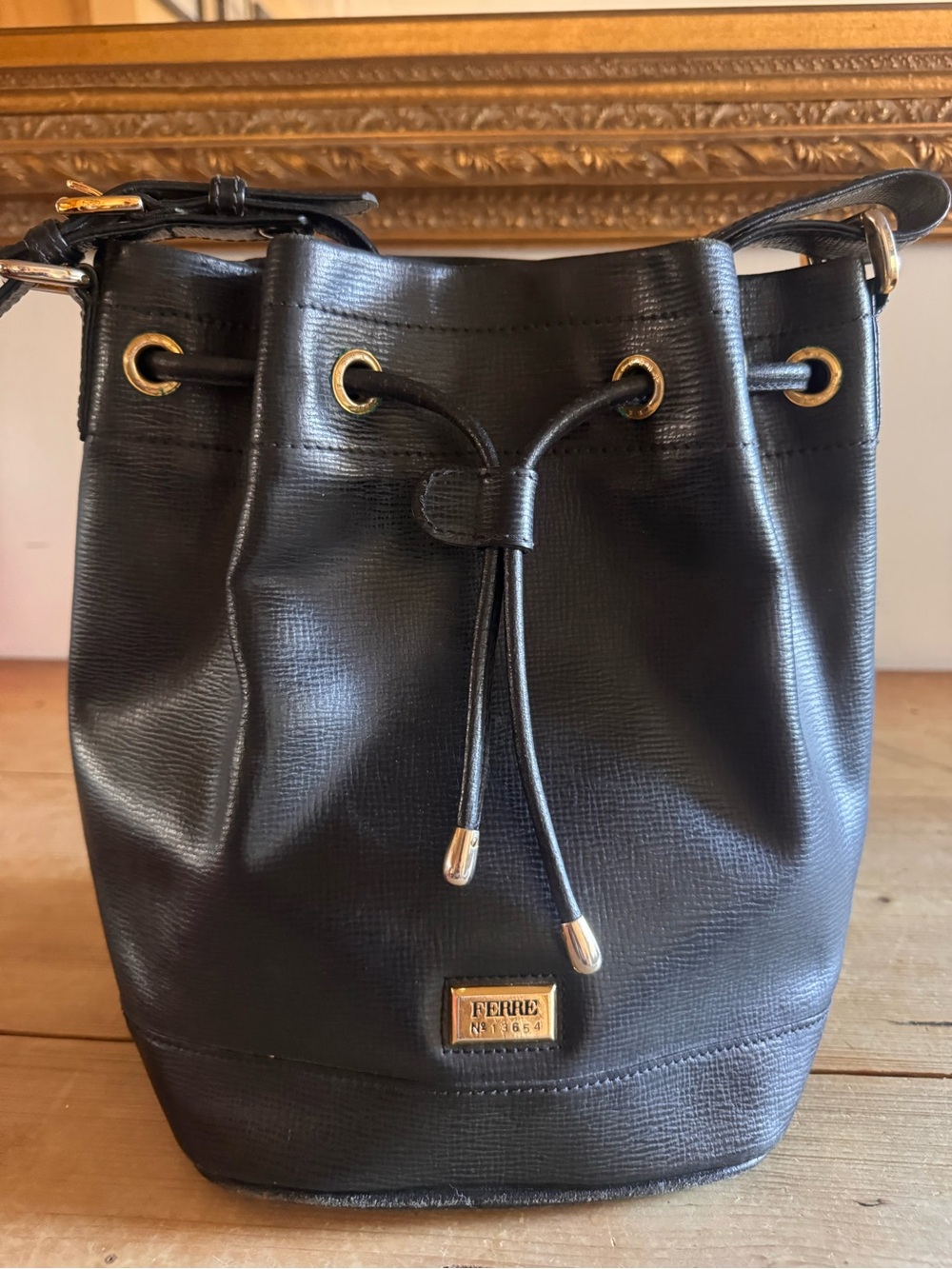 Vintage Gianfranco Ferre Black Bucket Drawstring Shoulder Bag